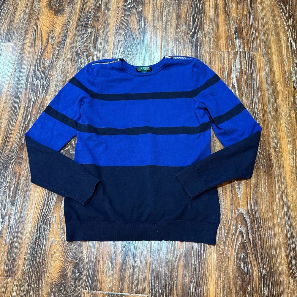 VTG Ralph Lauren M Sweater Women Blue Navy Striped Shoulder Zipper Pullover